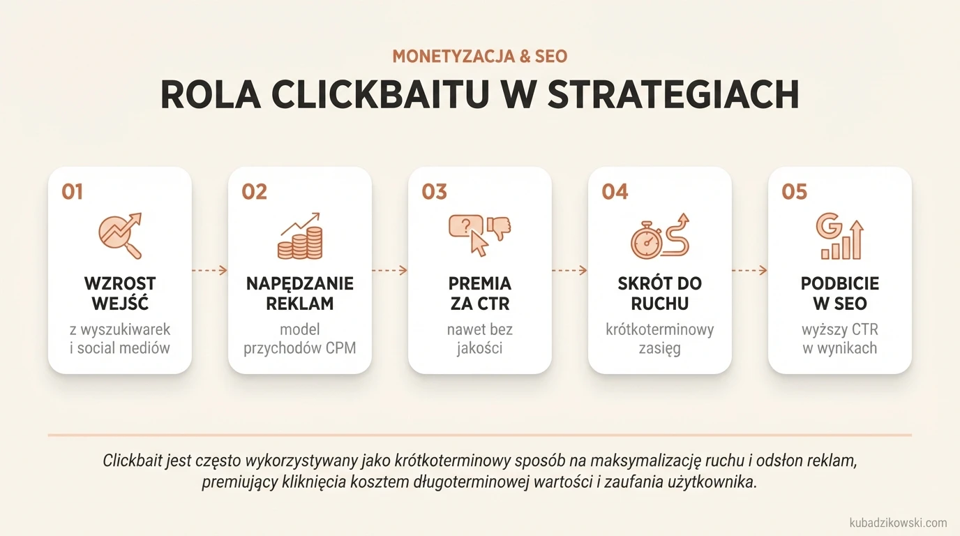 Infografika przedstawia wpływ clickbaitu na SEO, monetyzację, ruch, odsłony reklam oraz szybki wzrost zasięgów.