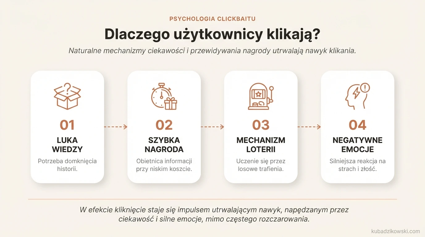 Infografika: Psychologia clickbaitu. Pokazuje, jak ciekawość, potrzeba domknięcia i niski koszt wpływają na kliknięcia.