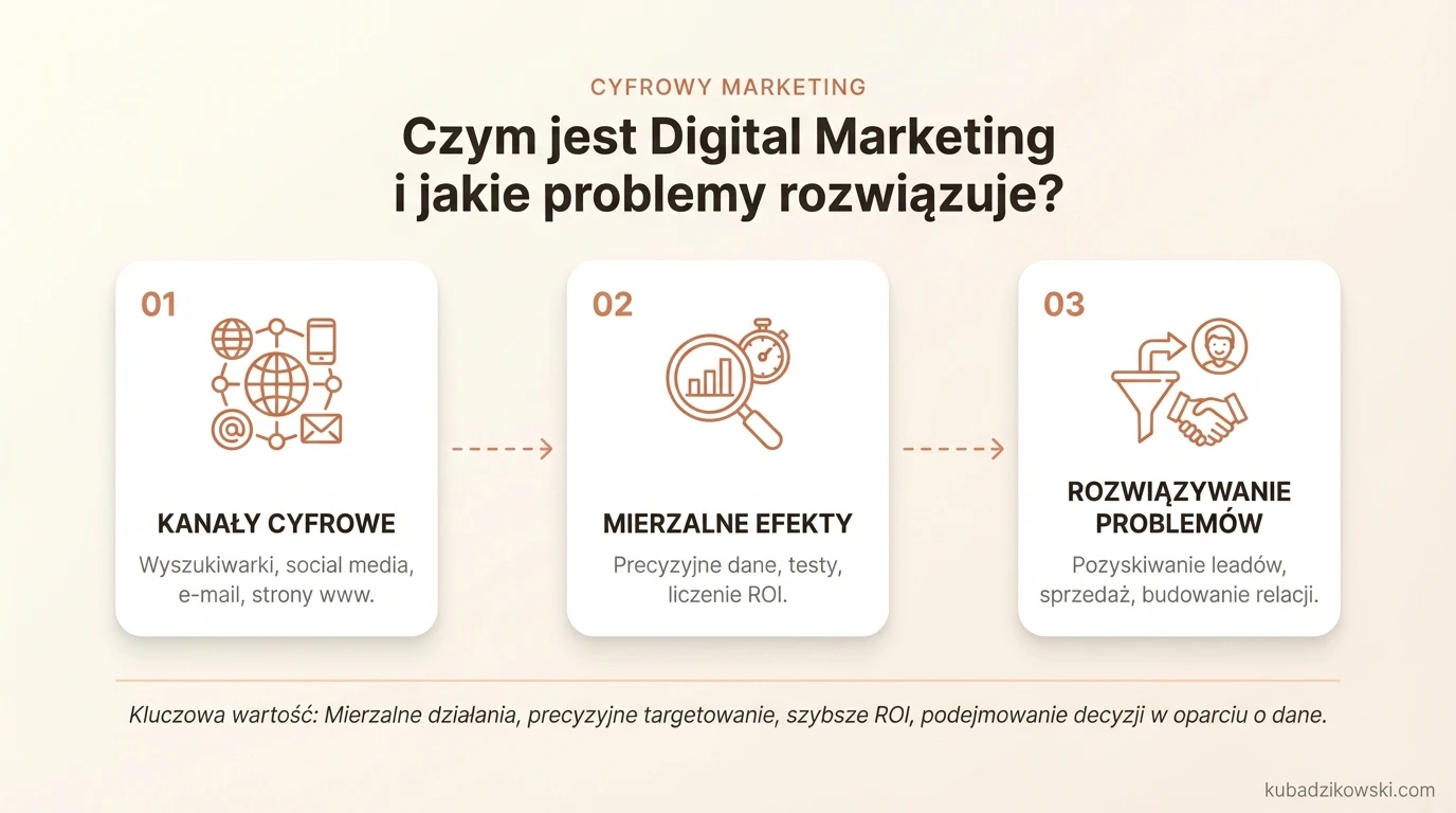 Infografika: definicja digital marketingu, kanały cyfrowe i główne cechy odróżniające od tradycyjnego.