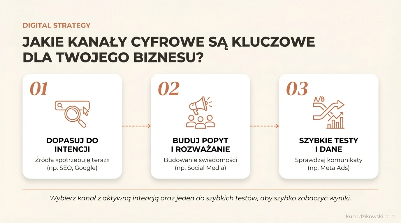 Infografika o wyborze kanałów cyfrowych. Klucz to dopasowanie do intencji klienta i analiza twardych danych.