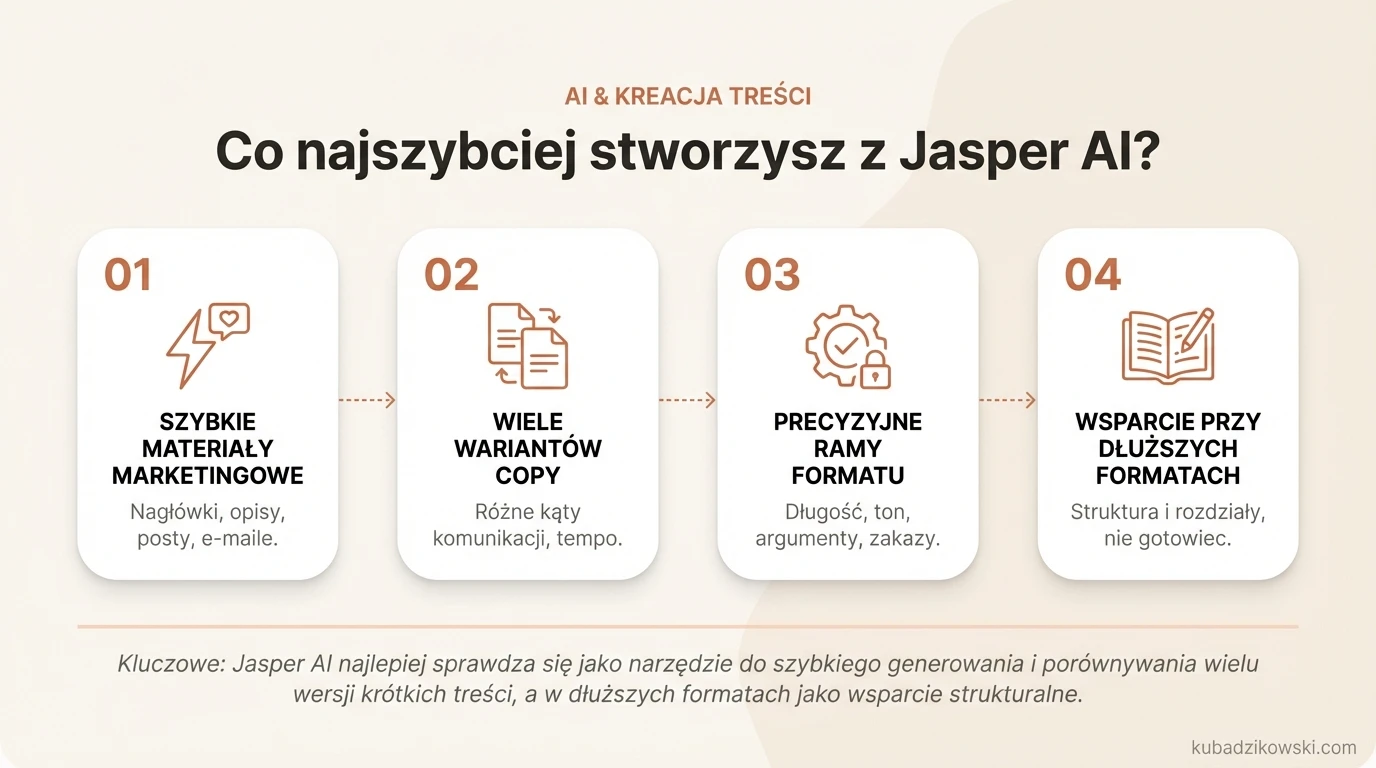 Typy treści łatwych do stworzenia z Jasper AI: krótkie materiały marketingowe, nagłówki, opisy produktów, posty social media i e-maile.