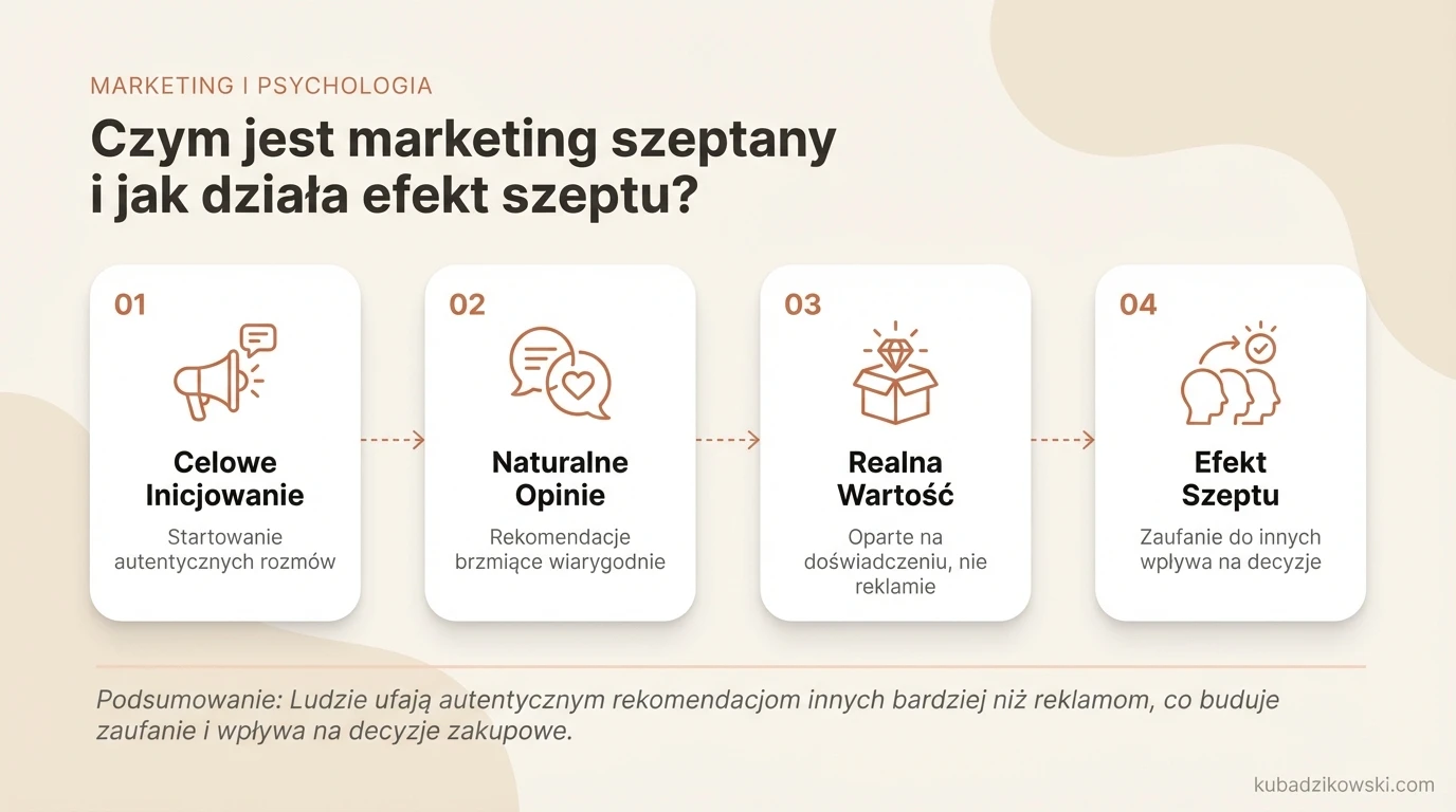 Infografika: marketing szeptany (WOM) – jak działa, generując naturalne rekomendacje użytkowników w oparciu o realną wartość.