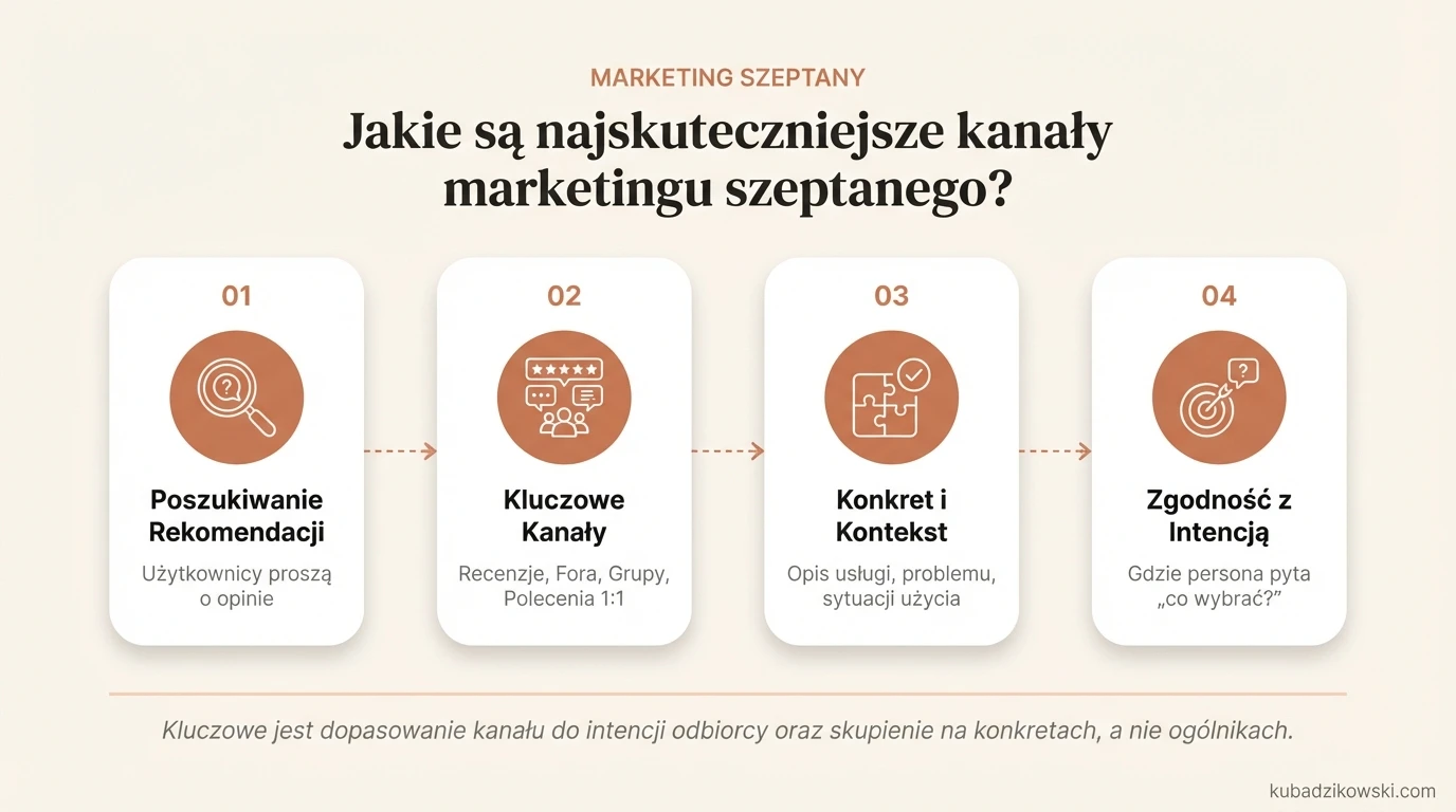 Infografika: skuteczne kanały marketingu szeptanego, takie jak recenzje i oceny użytkowników na platformach.