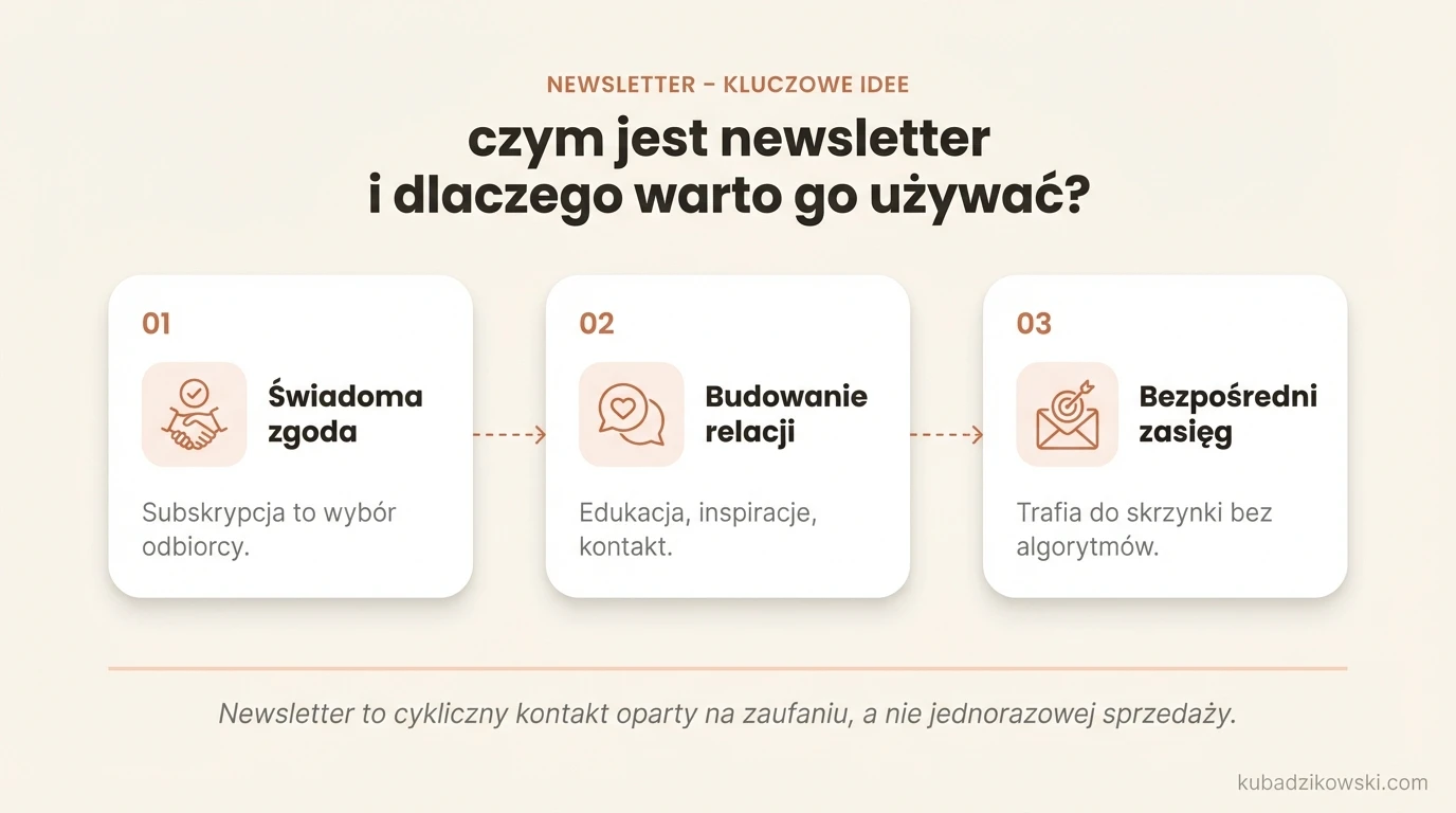 Infografika wyjaśniająca czym jest newsletter: cykliczny e-mail, zgoda odbiorcy, możliwość rezygnacji, brak spamu.