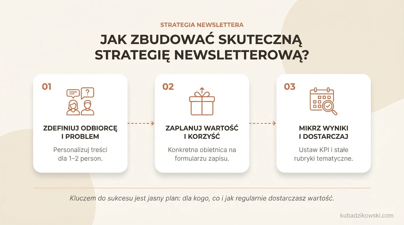 Graficzne przedstawienie kroków budowania skutecznej strategii newsletterowej, z naciskiem na identyfikację person i ich problemów.