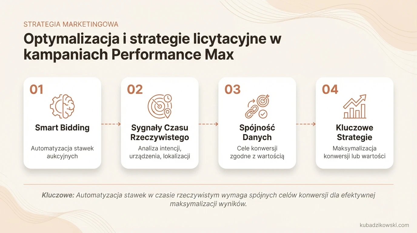 Infografika: Smart Bidding w Performance Max – optymalizacja kampanii na podstawie konwersji i sygnałów aukcyjnych.