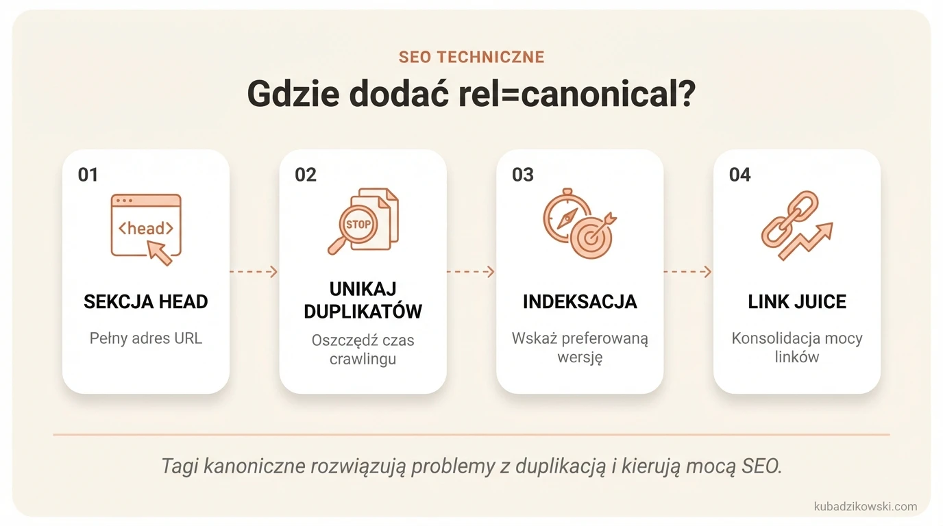 Infografika o tagu rel=canonical: miejsce (HEAD), format (URL bezwzględny) i wpływ na Googlebot.