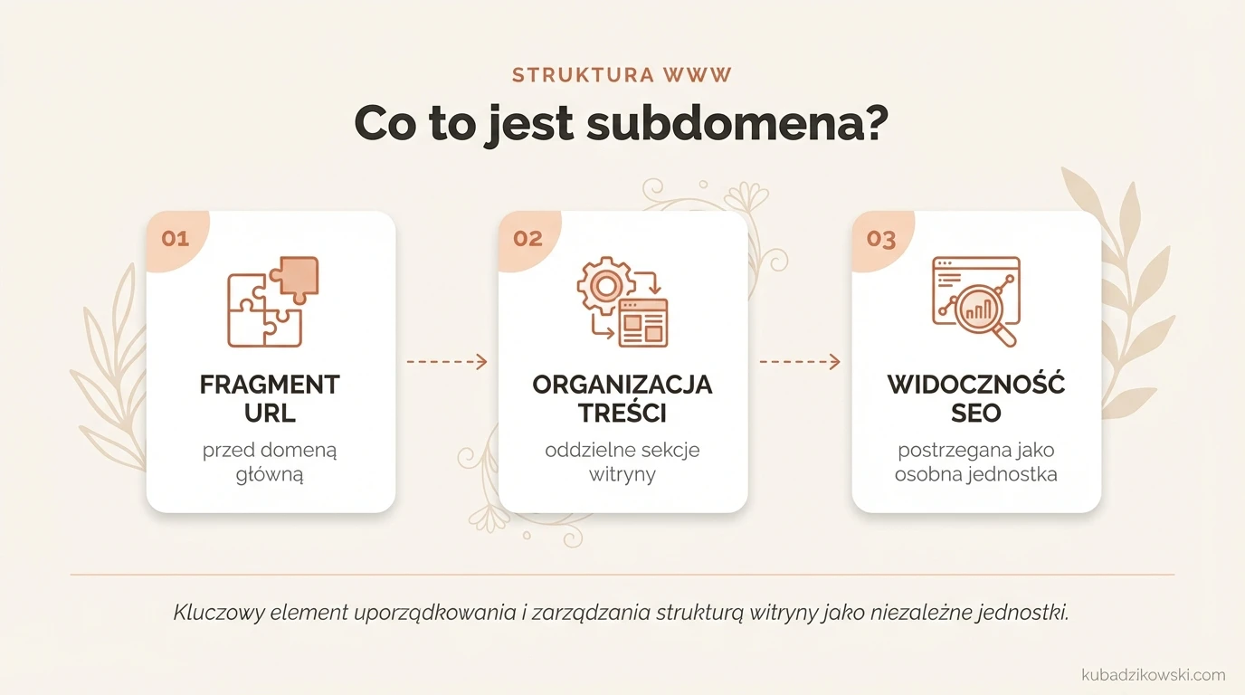 Grafika wyjaśniająca subdomenę: schemat adresu URL, przykłady użycia do bloga i sklepu.