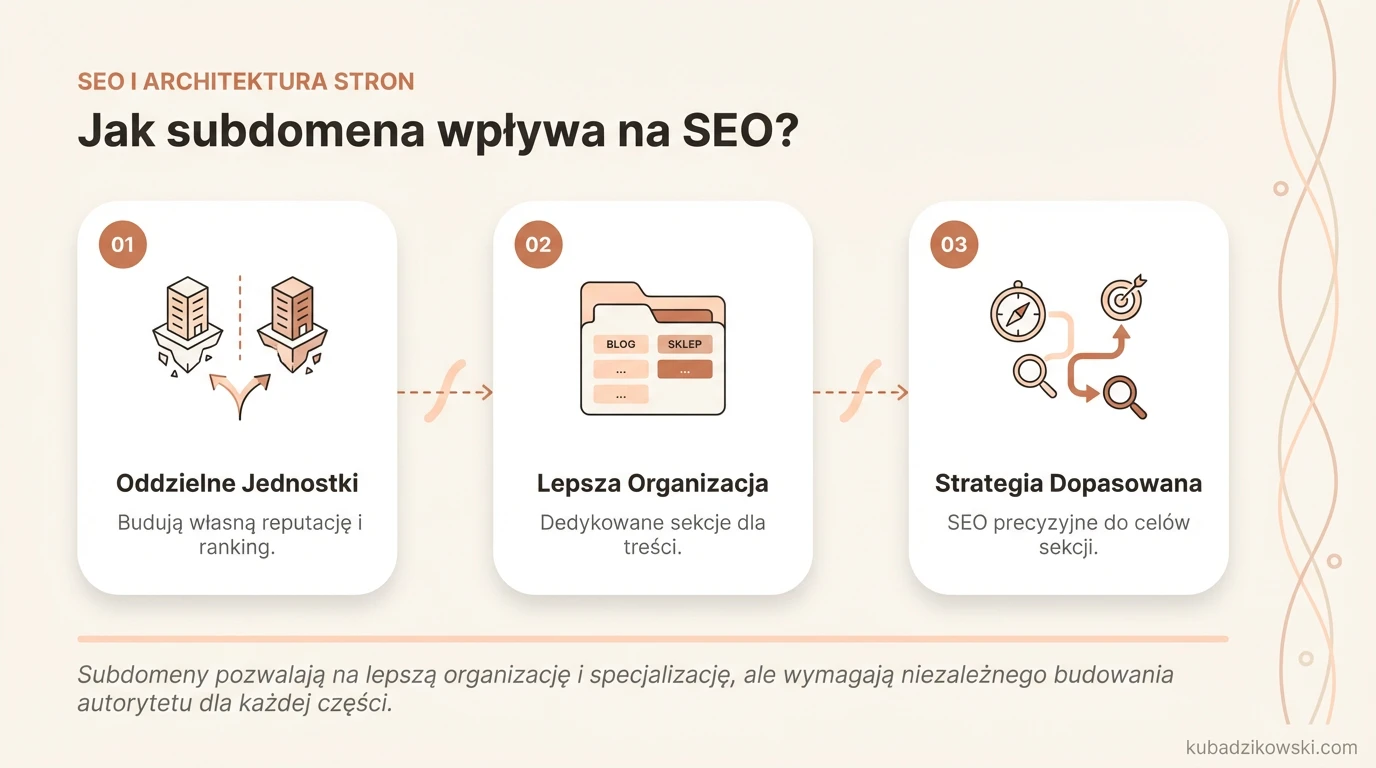 Infografika: Wpływ subdomen na SEO. Rozproszenie siły linków, niezależne rankingi.