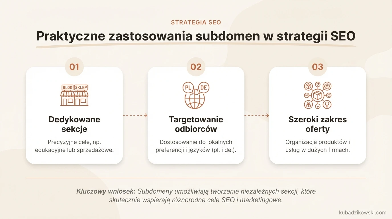 Wizualizacja praktycznych zastosowań subdomen w SEO, z przykładami blog.twojafirma.com i sklep.twojafirma.com.