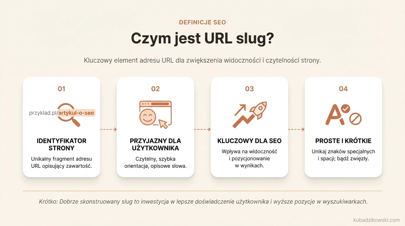 Infografika objaśniająca URL slug – część adresu strony, która opisuje jej zawartość, po nazwie domeny.