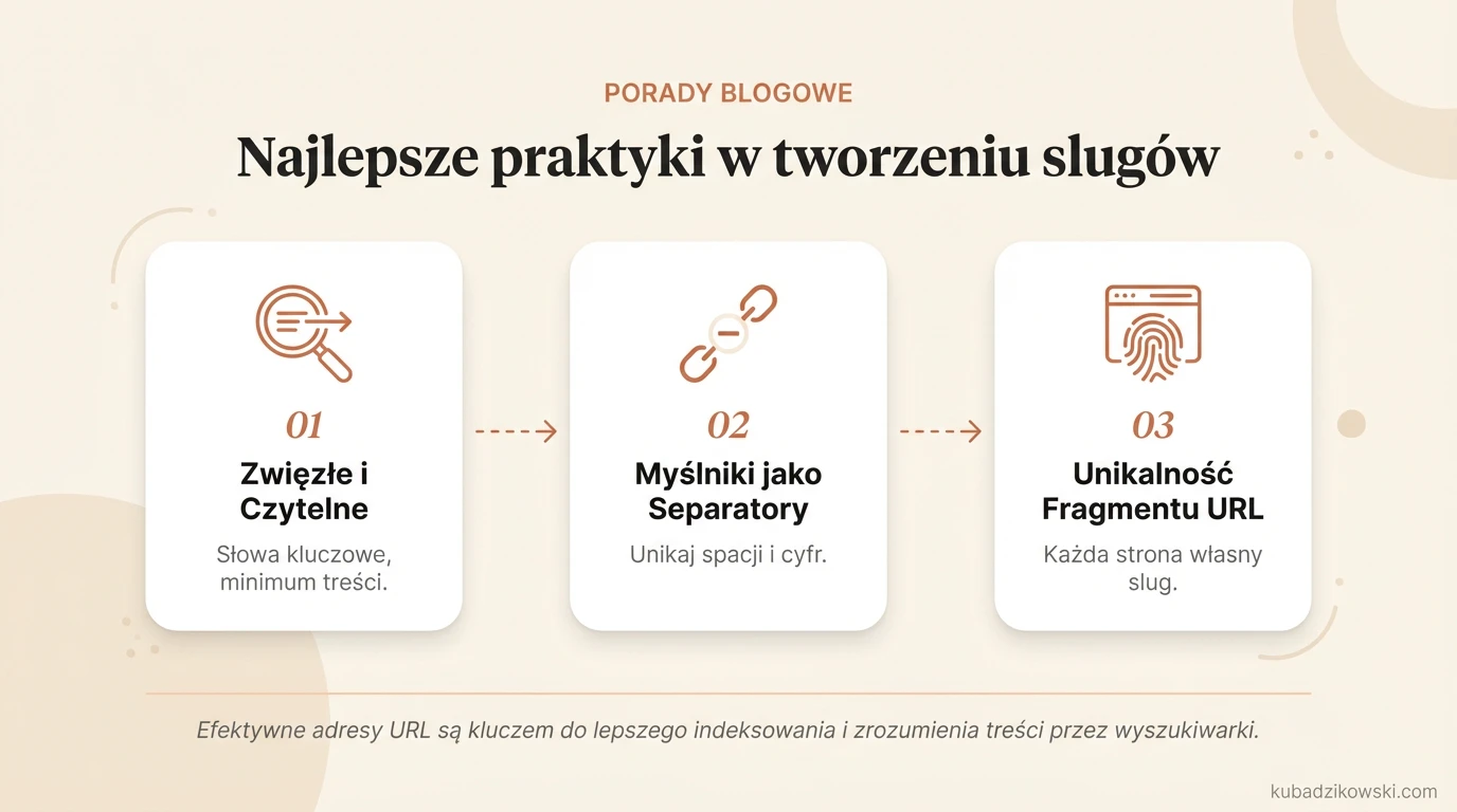 Infografika: Najlepsze praktyki tworzenia zwięzłych, czytelnych slugów z kluczowymi słowami, bez zbędnych znaków.