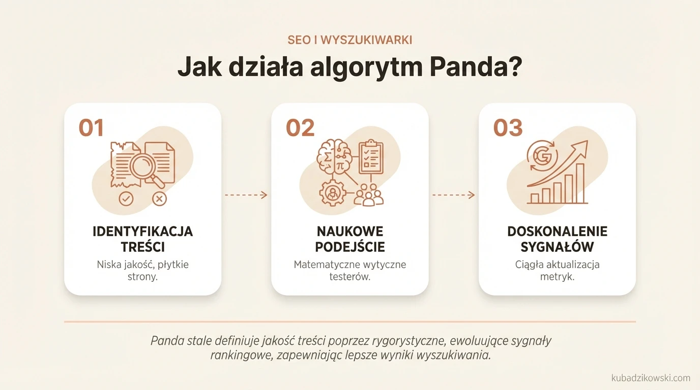 Infografika: Algorytm Panda wykrywa płytkie i niskiej jakości treści stron internetowych dla wyszukiwarek.