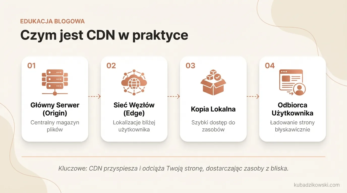 Schemat działania sieci CDN: system serwerów dostarczających treści internetowe z lokalizacji najbliższej użytkownikowi.