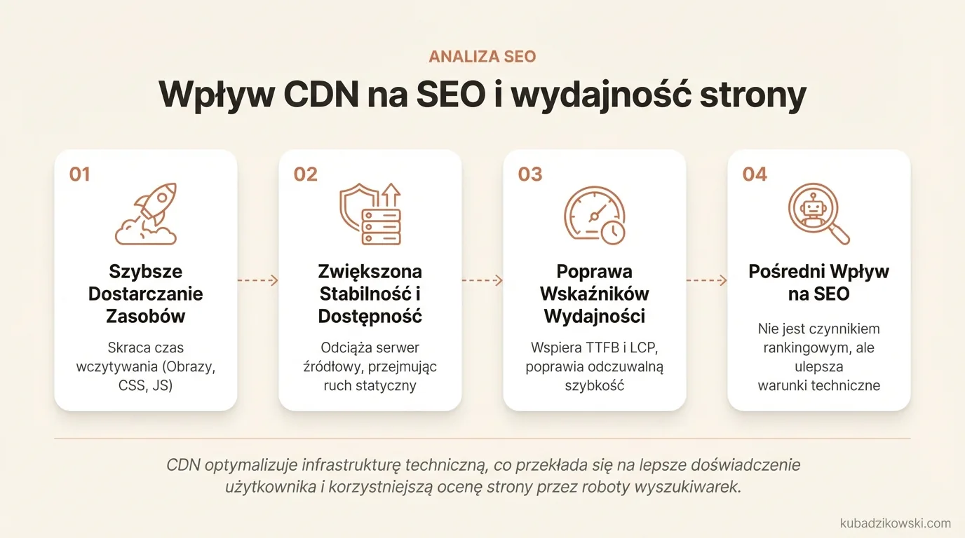 Infografika: Jak CDN pośrednio wpływa na SEO, poprawiając szybkość ładowania i stabilność strony przez szybszą dostawę zasobów.