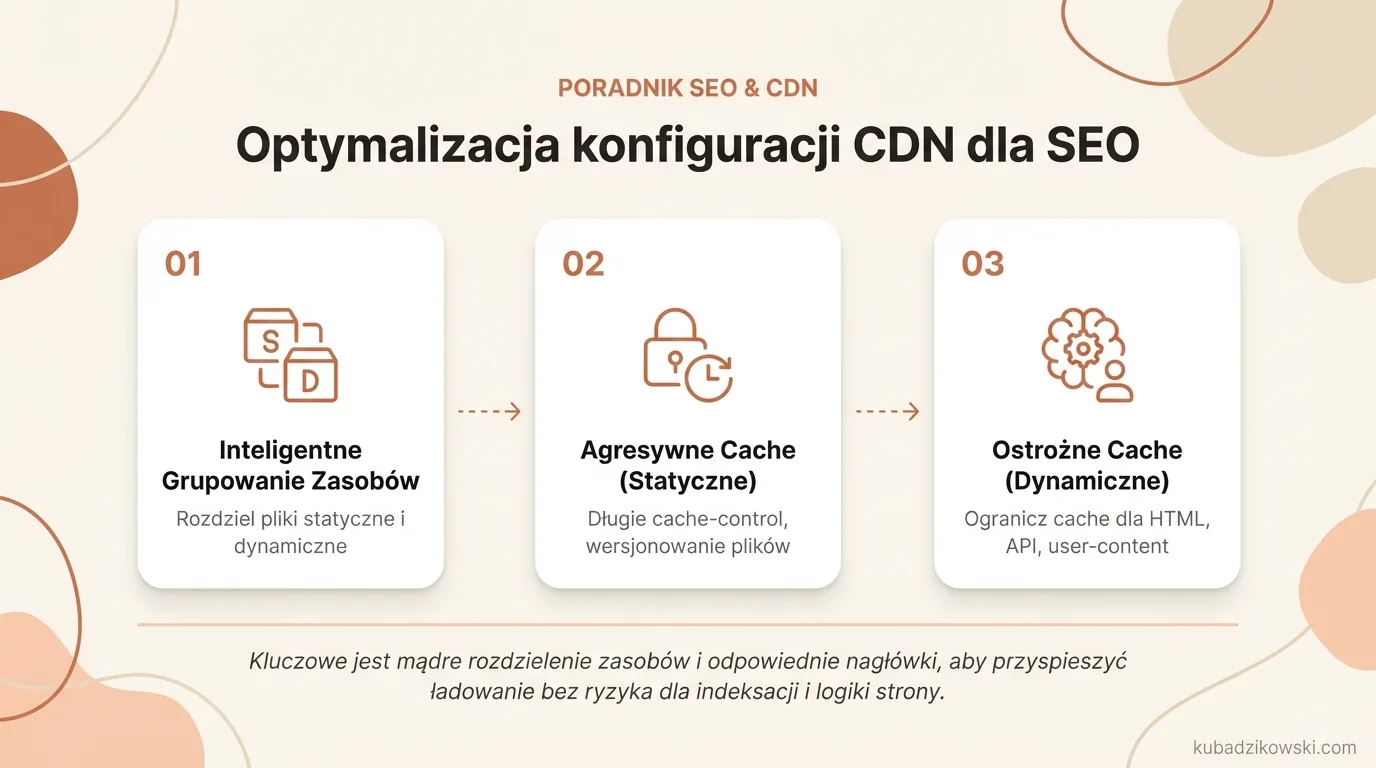 Infografika: jak zoptymalizować konfigurację CDN pod SEO, w tym ustawienia cache, nagłówków i reguł. Kluczowe rozdzielanie zasobów.