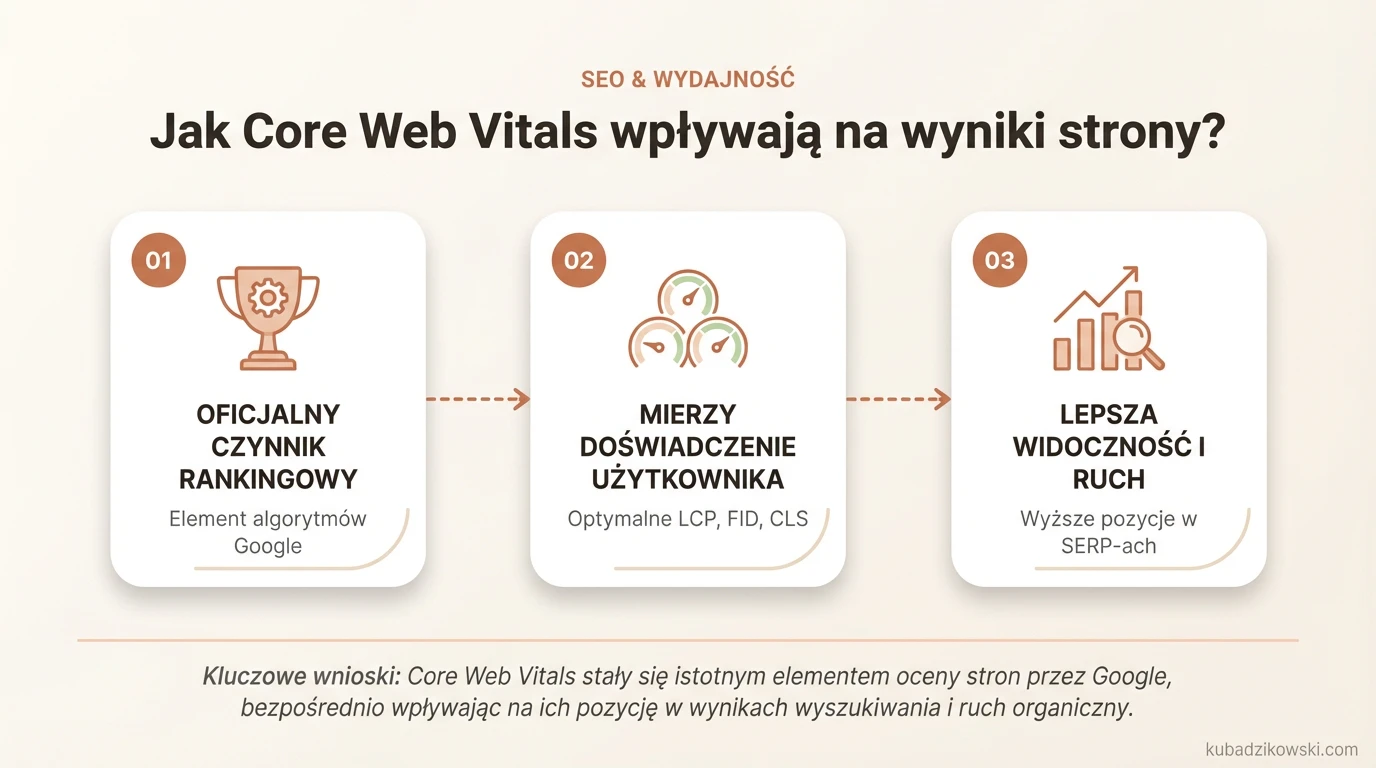 Infografika: Core Web Vitals i ich wpływ na widoczność strony w Google (LCP, FID, CLS).