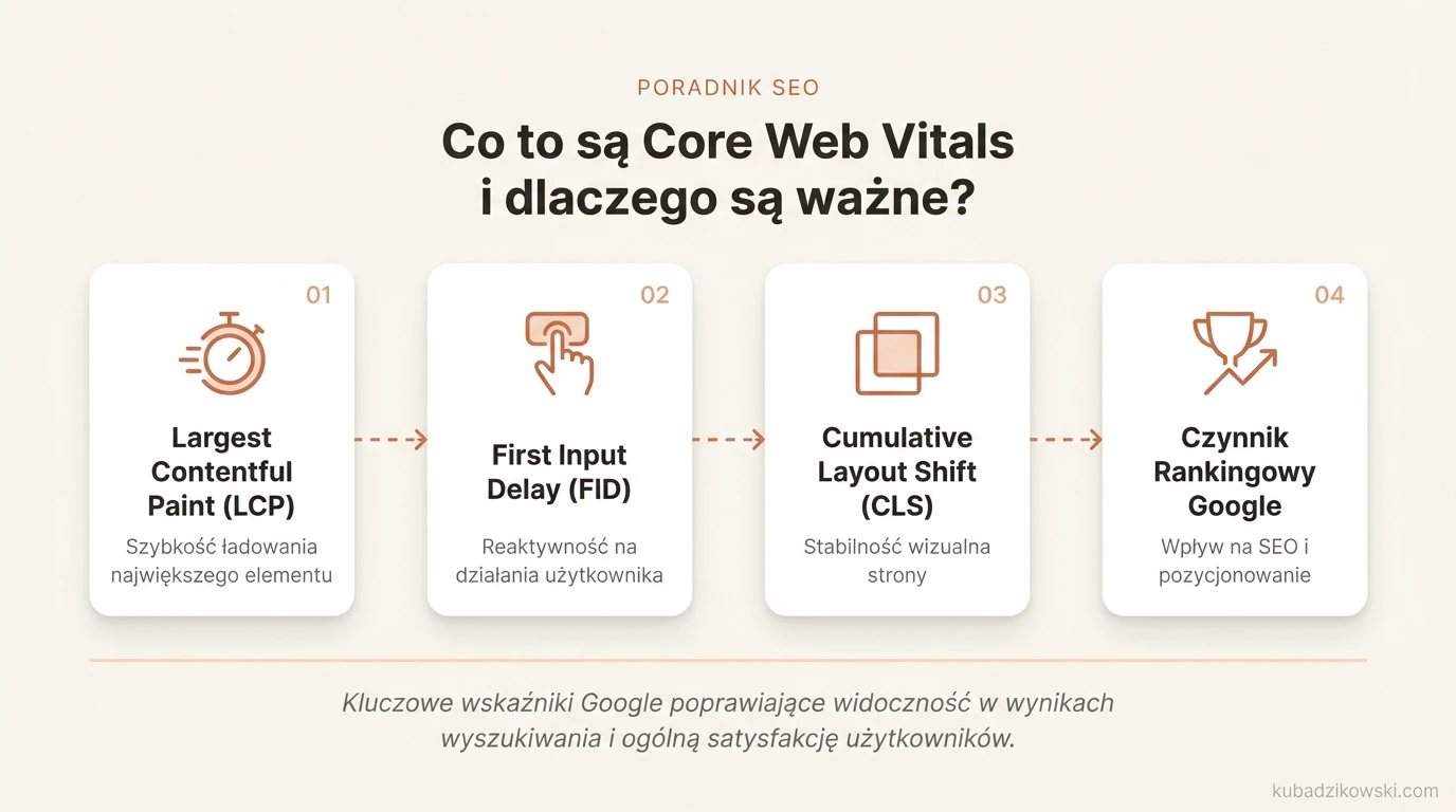 Infografika przedstawia definicję Core Web Vitals, wyjaśnia czym są i dlaczego są ważne dla doświadczenia użytkownika.