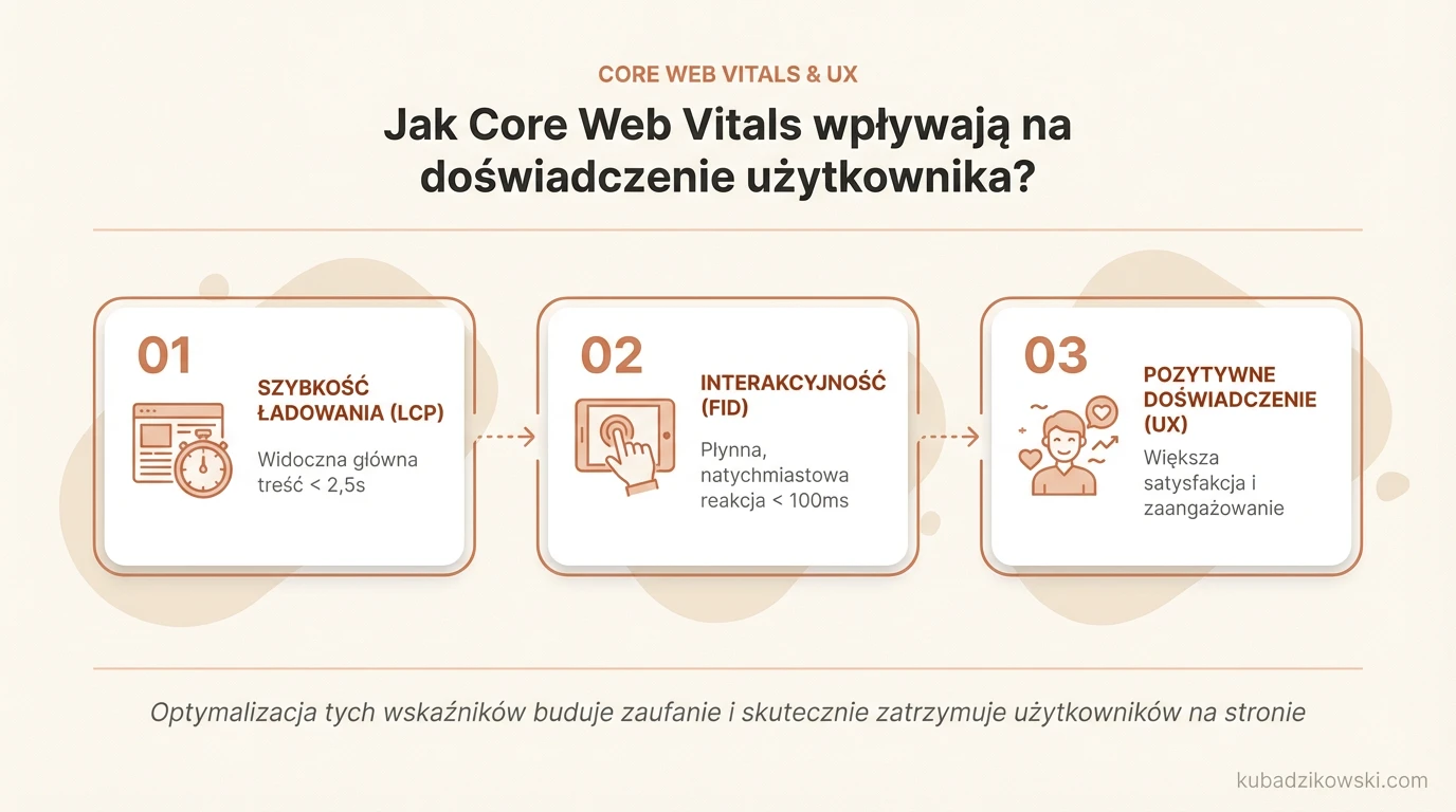 Infografika: Core Web Vitals i ich wpływ na UX, m.in. szybkość ładowania strony (LCP).