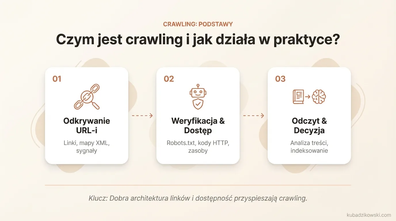 Infografika przedstawiająca proces crawlingu Google: jak roboty odnajdują, odwiedzają i odczytują treści stron WWW.