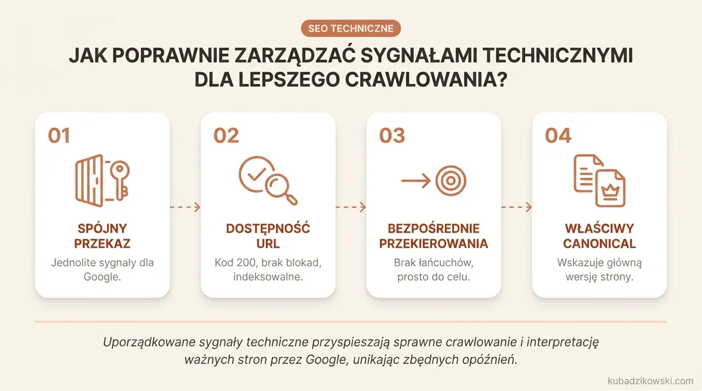 Infografika: Spójne zarządzanie sygnałami technicznymi (robots.txt, meta robots, canonical) dla optymalnego crawlowania Google.