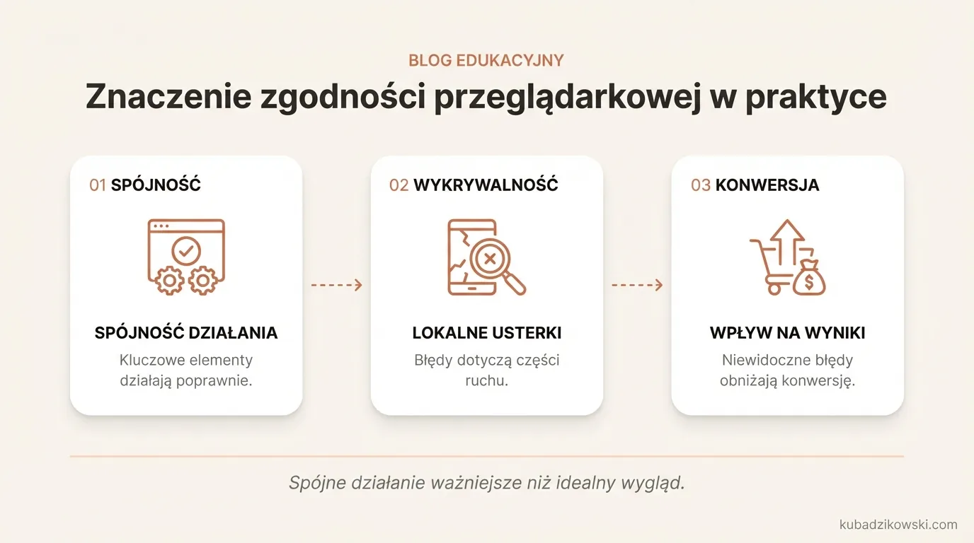 Infografika: Zgodność przeglądarkowa. Bezproblemowe działanie serwisu na różnych urządzeniach i w wielu przeglądarkach.