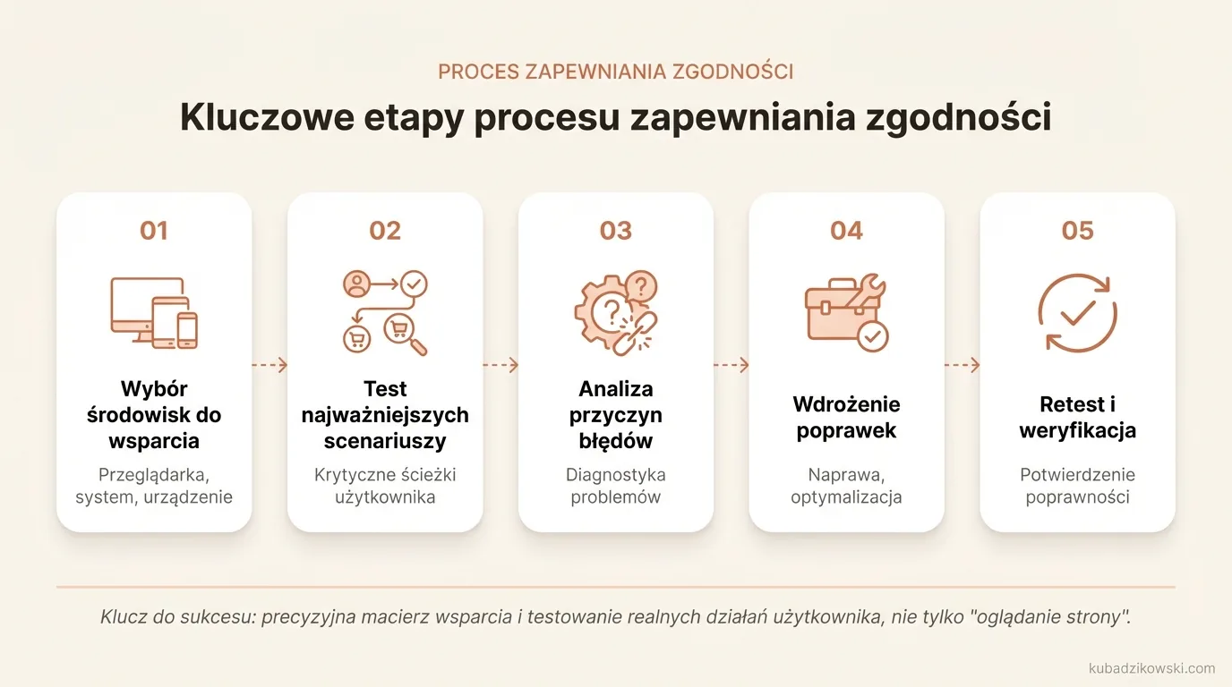 Wizualizacja etapów procesu zapewniania zgodności: wybór środowisk wsparcia, test scenariuszy, analiza błędów, poprawki i retest.