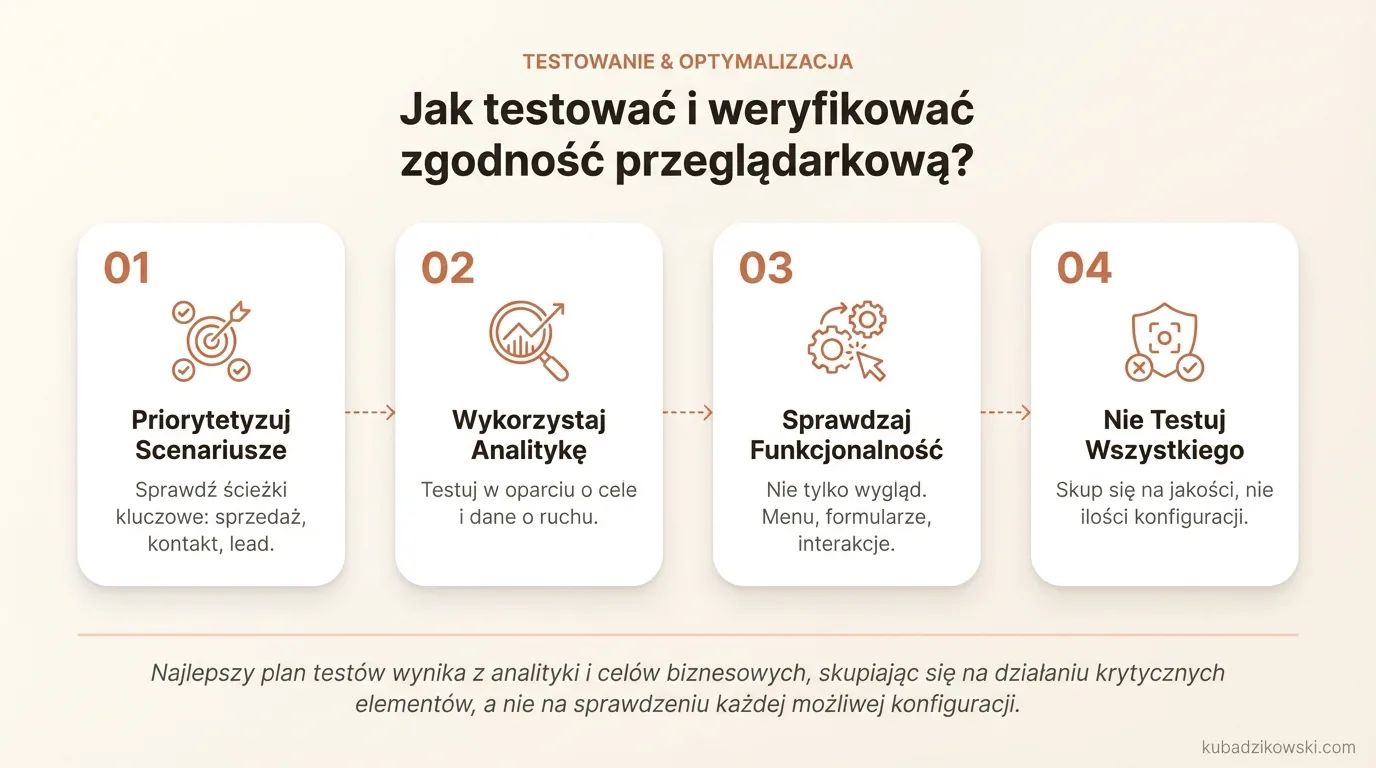 Metodyka testowania zgodności przeglądarkowej: priorytetowe scenariusze, wybrane przeglądarki, systemy i urządzenia.
