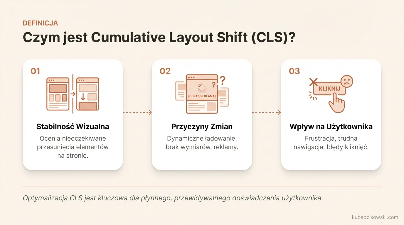 Infografika: wizualizacja Cumulative Layout Shift (CLS), metryki stabilności wizualnej strony i wpływu przesunięć elementów.