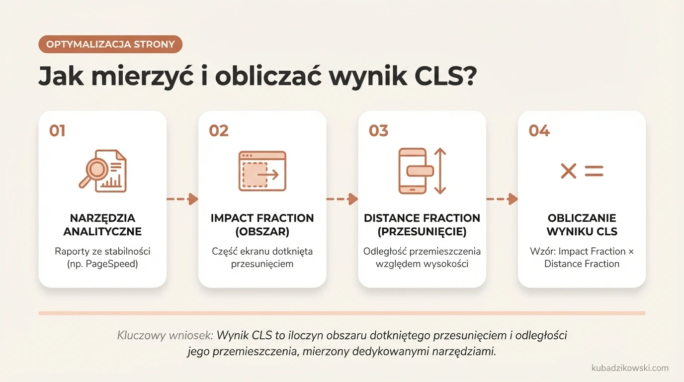 Narzędzia i wskaźniki do pomiaru CLS, w tym Google PageSpeed Insights, Search Console, impact fraction i distance f.