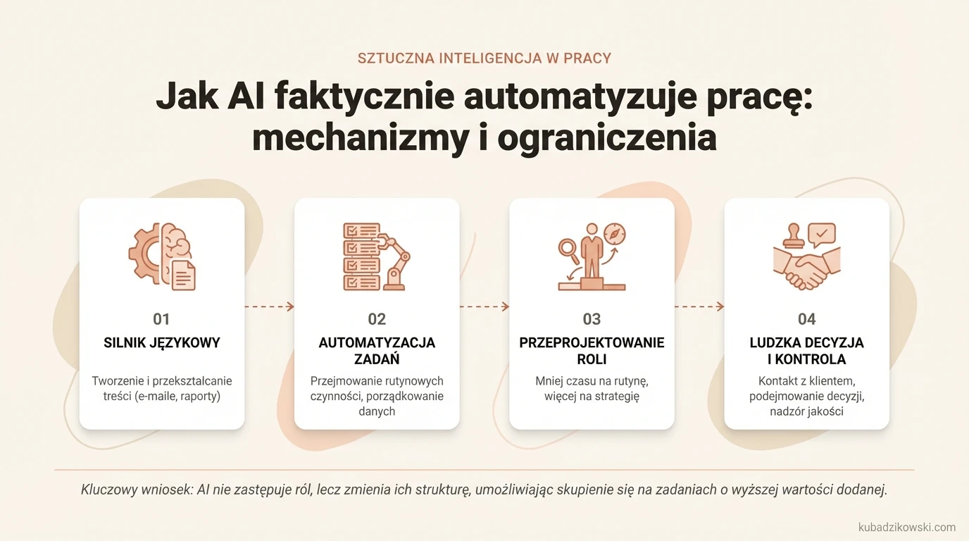 Infografika: AI automatyzuje zadania (np. pisanie tekstów, streszczanie, klasyfikacja), a nie całe zawody. Role są przeprojektowywane.
