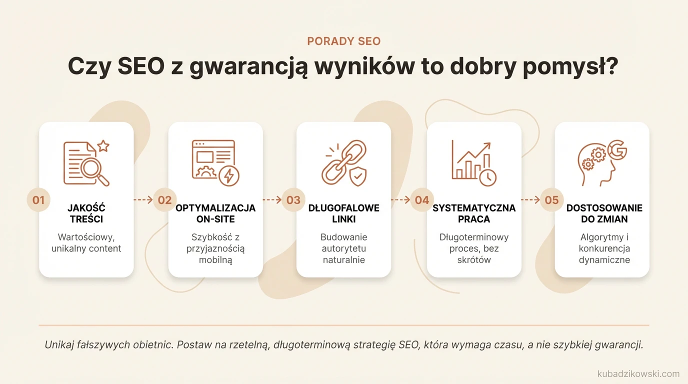 Infografika: Znak zapytania stylizowany na wykres SEO, wokół zmienne wpływające na pozycję w wyszukiwarce.