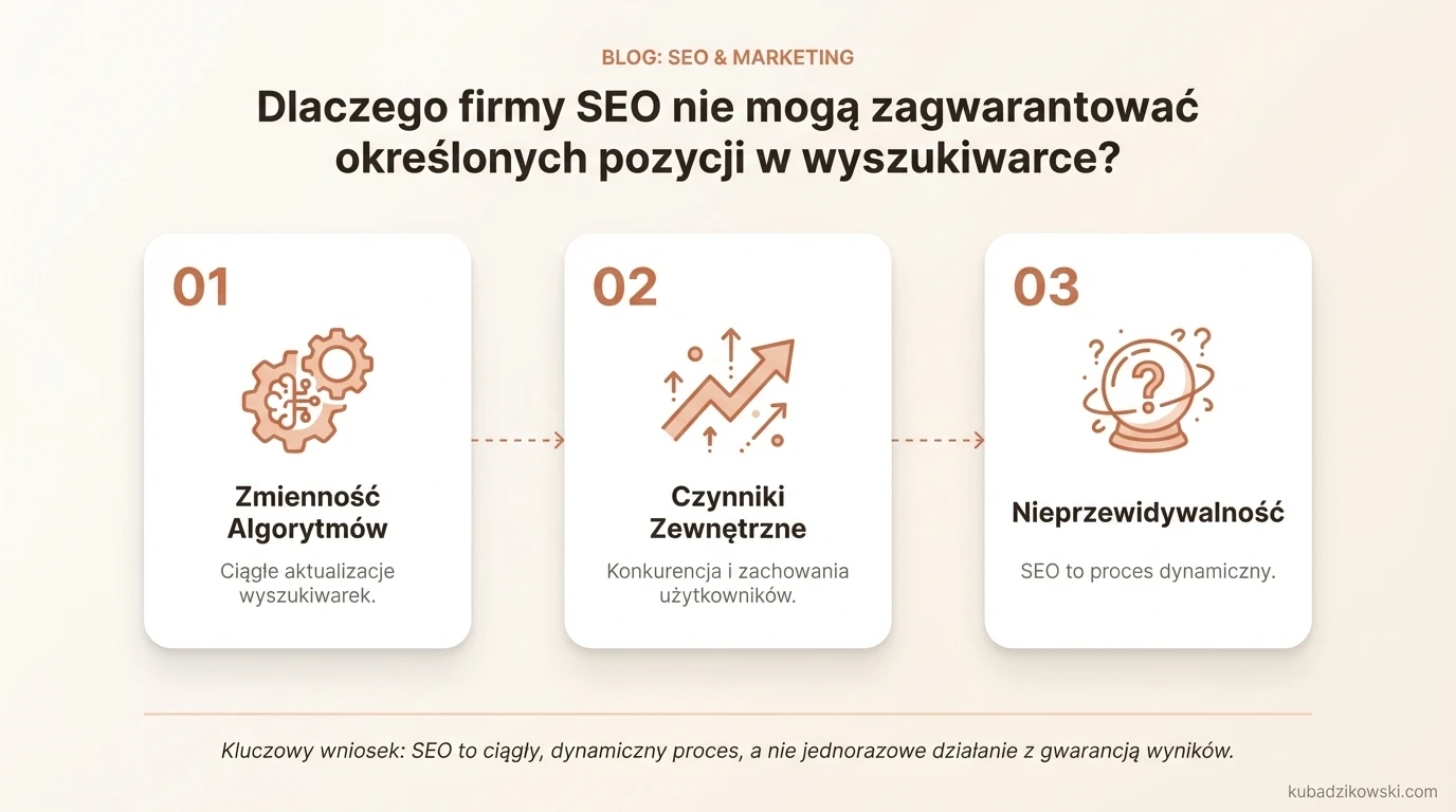 Wpływ zmiennych na ranking SEO – infografika wyjaśniająca brak gwarancji pozycji wyszukiwania.
