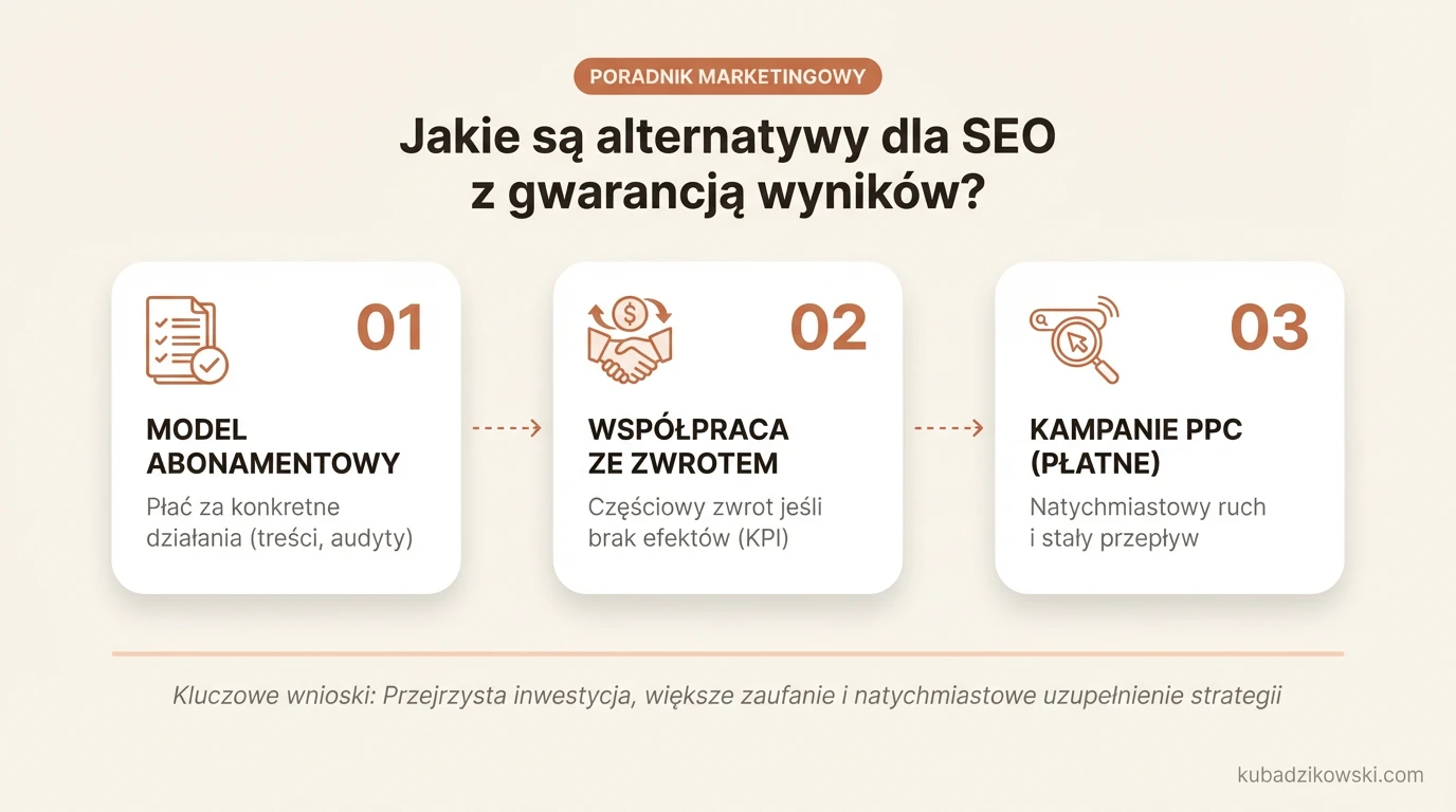 Wizualizacja alternatyw dla SEO gwarantującego wyniki, np. abonamentu na konkretne działania.
