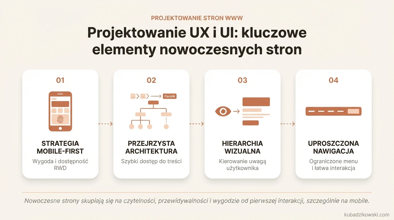 Infografika: zasady nowoczesnego UX/UI – czytelność, przewidywalność, użyteczność mobilna i responsywność (RWD).