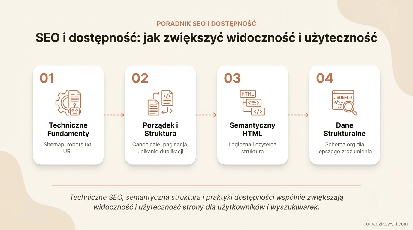 Infografika: Techniczne SEO, semantyczny HTML i dostępność zwiększają widoczność i użyteczność strony.