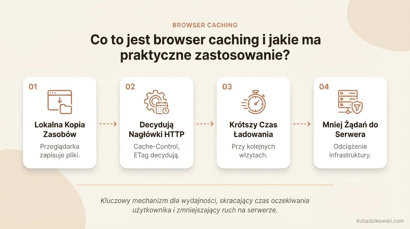 Infografika wyjaśnia browser caching: przeglądarka przechowuje zasoby strony do ponownego użycia, dzięki nagłówkom HTTP.