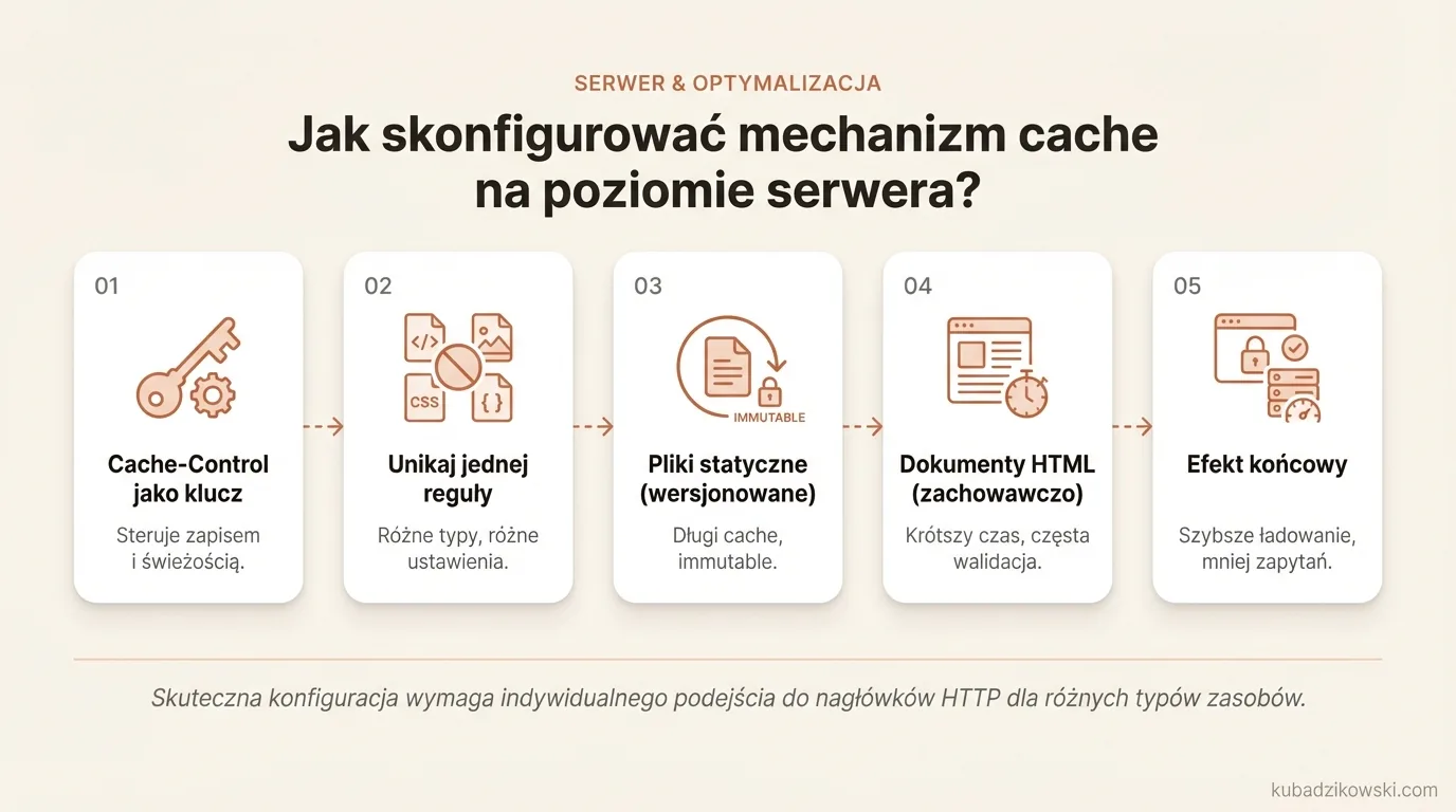 Wizualizacja ustawień cache serwera: nagłówki HTTP (Cache-Control), zasady odświeżania i walidacji.