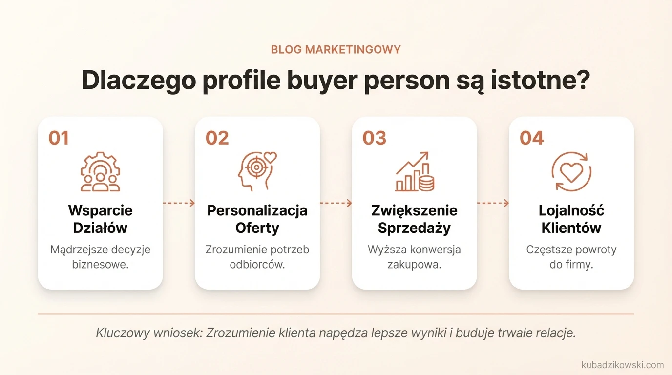 Infografika: Znaczenie profili buyer persona dla marketingu, sprzedaży, obsługi klienta i produktu w firmie.