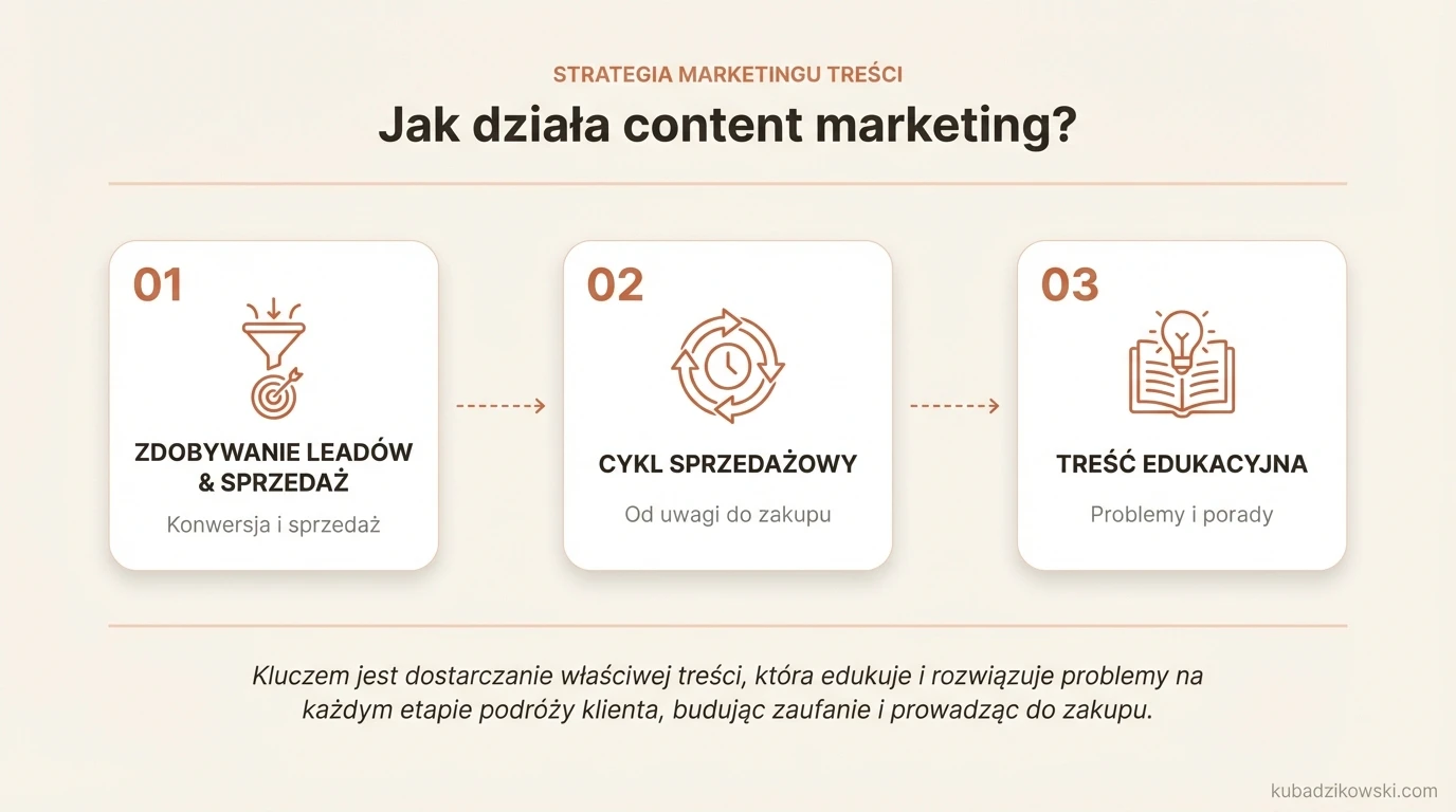 Infografika: Content marketing wspiera zdobywanie leadów, przekonuje do produktu i zwiększa sprzedaż, dostarczając treść na każdym etapie cyklu.