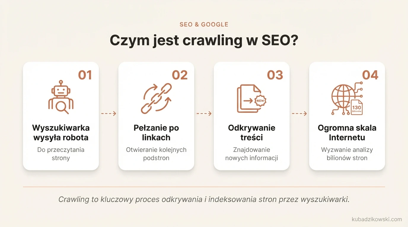 Infografika wyjaśnia crawling w SEO: roboty wyszukiwarek skanują strony, by znajdować nowe lub zaktualizowane treści.
