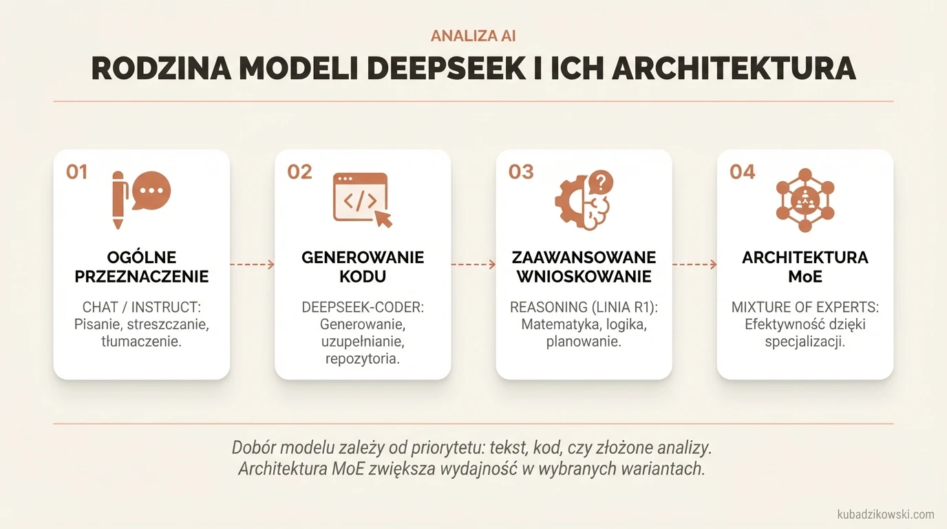 Infografika DeepSeek: architektura modeli i ich optymalizacja dla zadań tekstowych, kodowania i wnioskowania.