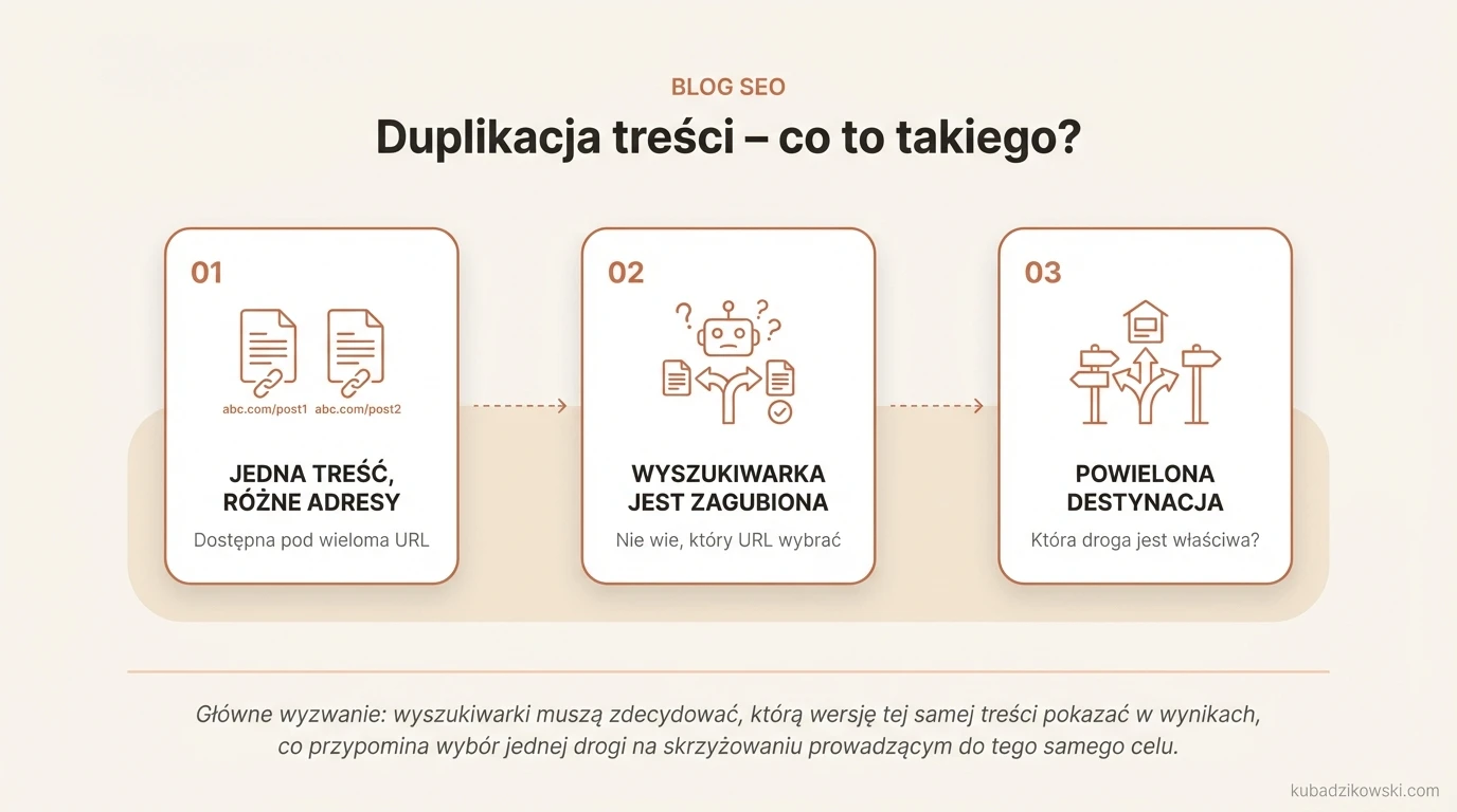Infografika o duplikacji treści: ta sama treść pod wieloma adresami URL, problem dla wyszukiwarek.
