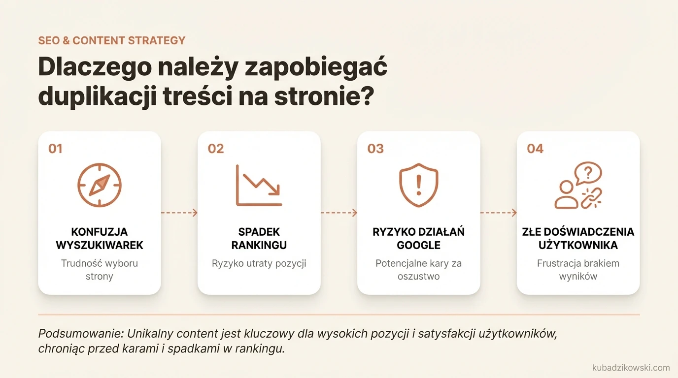 Infografika: Duplikacja treści szkodzi SEO. Wyszukiwarki nie wiedzą, którą stronę rankingować, obniżając pozycję w wynikach.
