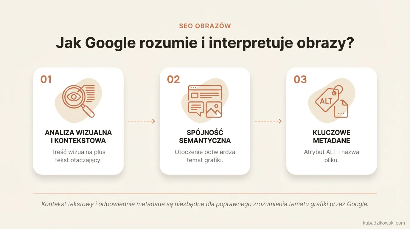Google interpretuje obrazy, analizując zawartość wizualną i kontekst strony, taki jak nagłówek, podpis i tekst.