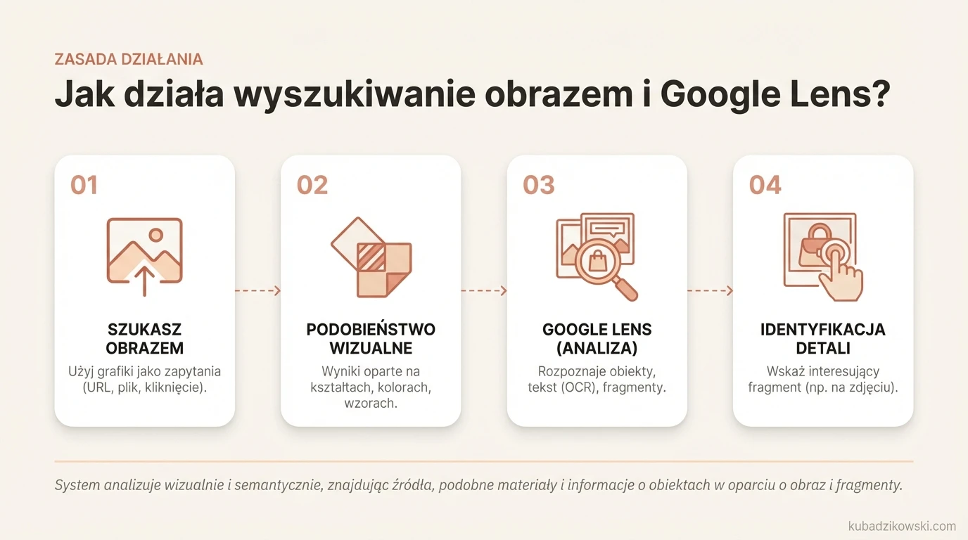 Infografika: jak działa wyszukiwanie obrazem i Google Lens: wklejanie URL, wgrywanie pliku, szukaj obrazem.