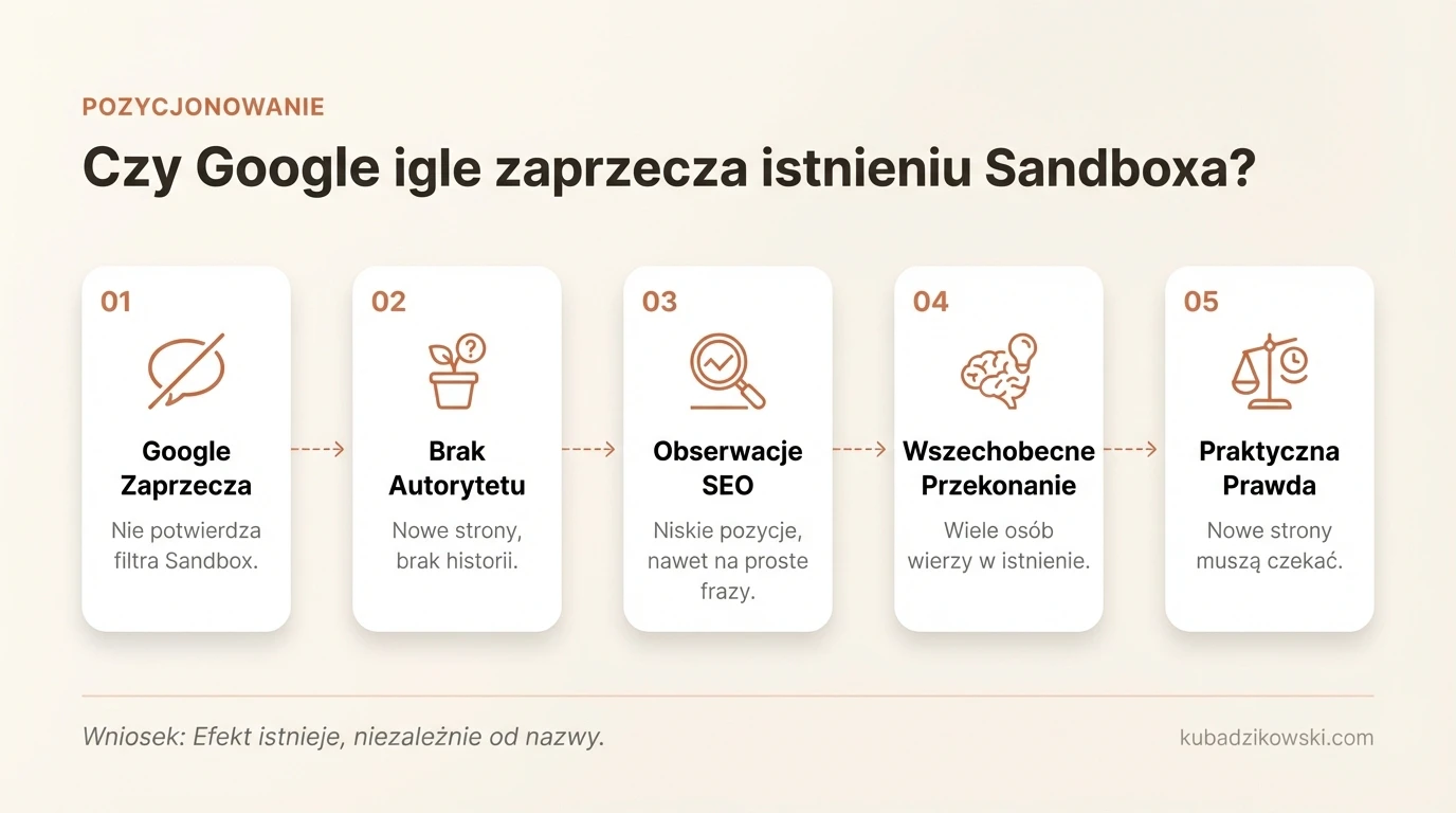 Infografika: Google zaprzecza Sandbox. Eksperci widzą efekty, a Google wskazuje inne przyczyny niskiego rankingu nowych stron.