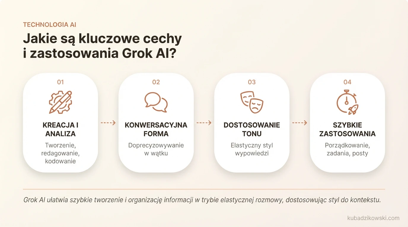 Infografika: Cechy Grok AI. Konwersacyjny czat, tworzenie/edycja tekstu, streszczanie, tłumaczenie, kod, analiza danych.