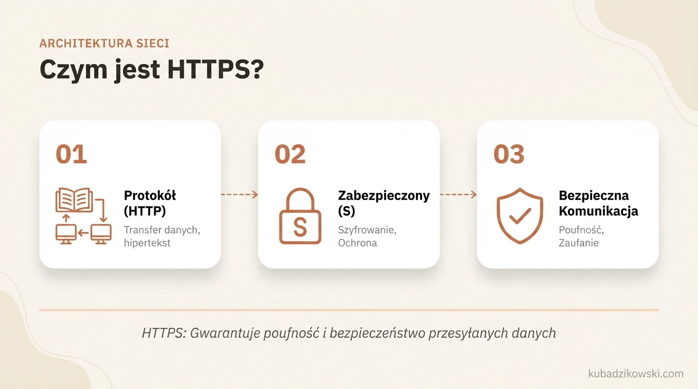 Wizualizacja definicji HTTPS: Hypertext Transfer Protocol Secure, czyli zabezpieczony protokół.