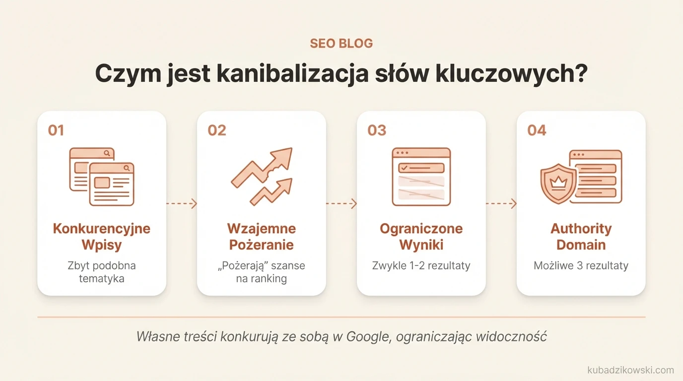 Infografika wizualizuje definicję kanibalizacji słów kluczowych – gdy różne treści rywalizują o te same frazy SEO.
